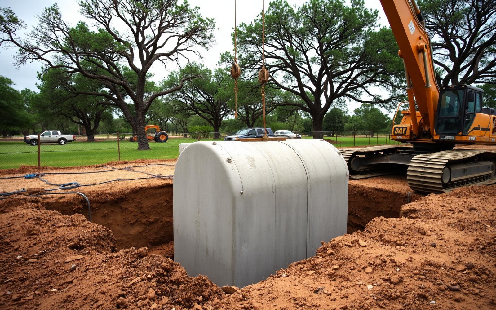Concrete septic tank being set into a fresh excavation on a rural lot