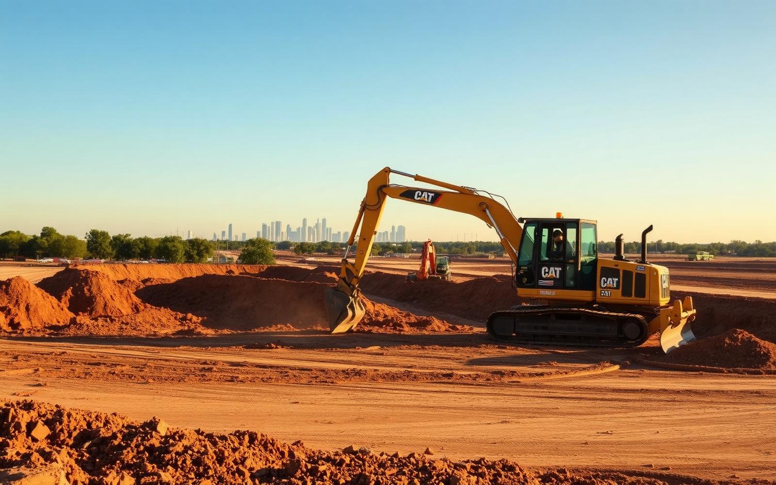 Excavator moving dirt on an open site with a city skyline in the distance
