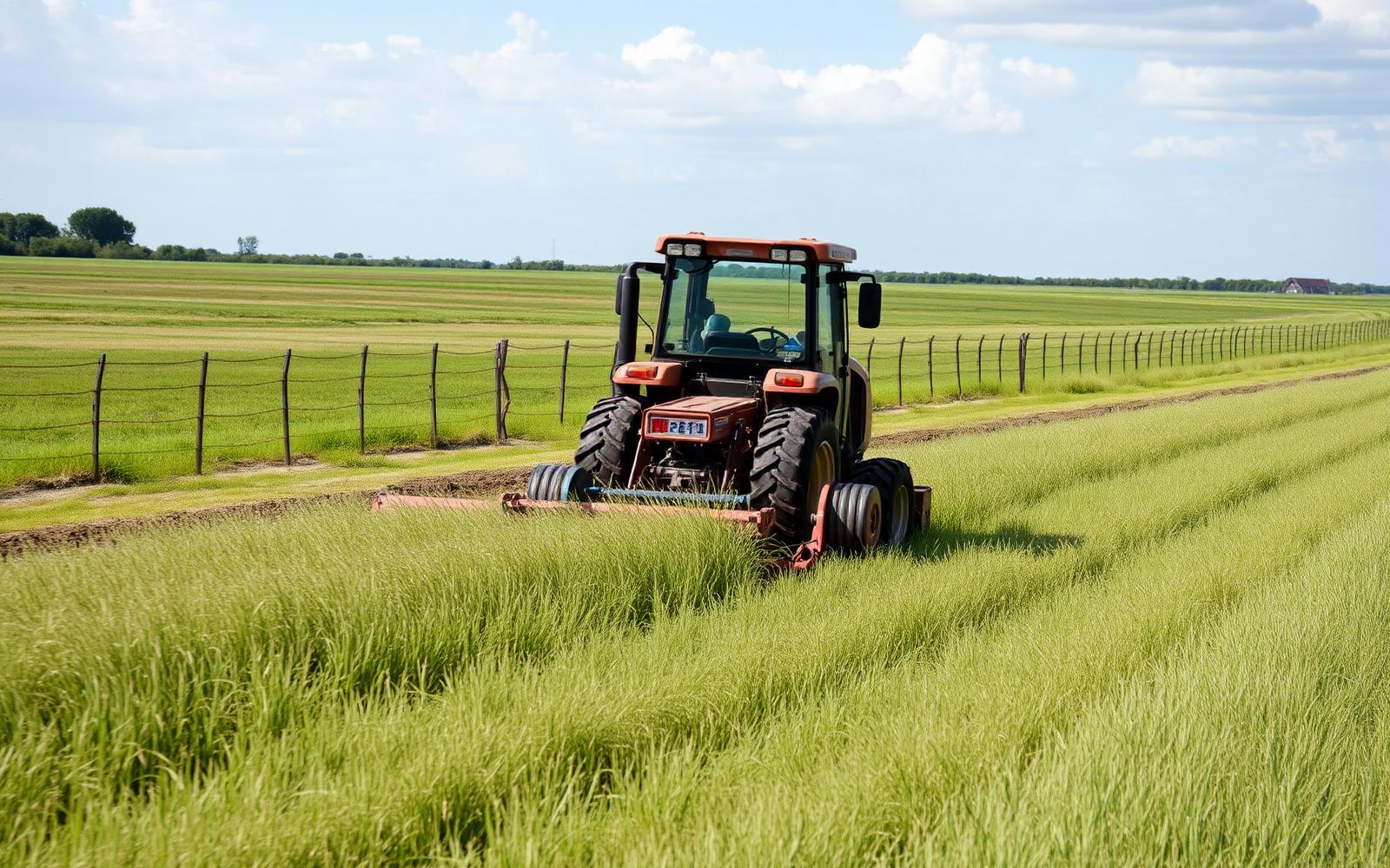 Tractor with a brush hog cutting tall pasture grass